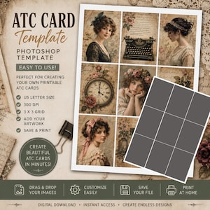 May include: A digital ATC card template featuring a 3x3 grid of vintage-style illustrations including portraits of people, a typewriter, and a clock. The layout includes text labels such as ATC CARD Template, Photoshop Template, and US Letter Size.