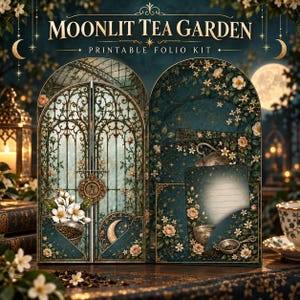 Könnte beinhalten: Ein Moonlit Tea Garden druckbares Folio-Set mit einem dunkel-türkisfarbenen Bogentor-Design, goldenen Akzenten, Blumenmustern und einem zentralen Schlüsselloch. Das Set enthält Taschen, liniertes Briefpapier und Illustrationen von Teezubehör.