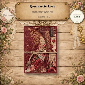 May include: A Romantic Love folio printable kit featuring 6 JPG sheets. The central folder displays a deep red damask pattern with floral rose motifs, a heart emblem, and a tied twine closure. Text includes Romantic Love, folio printable kit, 6 sheets - JPG, DigiProject, and ASSEMBLY LEVEL EASY.