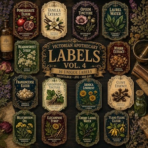 May include: A collection of sixteen Victorian apothecary labels featuring ornate borders and botanical illustrations. Each label displays a unique name such as Pomegranate Elixir, Vanilla Extract, and Opium Tincture, with descriptive text and vintage-style typography.