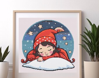 Sleeping Girl Cross Stitch Pattern, Winter Embroidery (PDF Chart)
