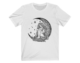 Celestial Jersey Short Sleeve Tee, Woman Moon T-shirt, Woman Wicca Mystery Magic T-shirt for her, unique gift