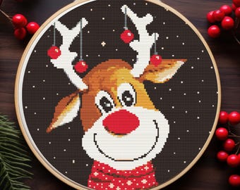 Rudolf Red Nose cross stitch pattern, Rudolf cross stitch pdf pattern, modern embroidery design, Christmas cross stitch pattern, DMC pallet