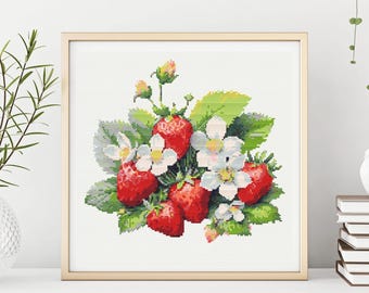 Strawberries Cross Stitch Pattern, Easy Embroidery (PDF Chart)