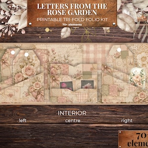 May include: A printable tri-fold folio kit titled LETTERS FROM THE ROSE GARDEN with 70+ elements. The interior features three sections with pockets, floral patterns, vintage script, and tags in shades of beige, pink, and muted green.
