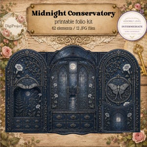 Op de afbeelding: Een printbare Midnight Conservatory folio-kit met 62 elementen in 12 JPG-bestanden. Het ontwerp toont een donkerblauwe, sierlijke kaststructuur met maan-, mot- en bloemmotieven, inclusief lades en boogramen op een houten achtergrond.