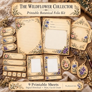 May include: A printable botanical folio kit titled The Wildflower Collector, featuring cream-coloured paper sheets with vintage-style floral illustrations, lined writing areas, specimen labels, tags, and envelopes decorated with colourful wildflowers.