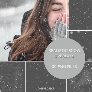 May include: A person in winter clothing with falling snow. The image includes a circular graphic with the text "REALISTIC SNOW OVERLAYS" and "30 PNG FILES". This is a digital product, perfect for adding snow effects to images.