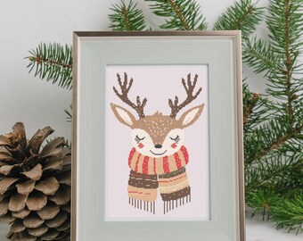 Christmas Deer Cross Stitch Pattern, Modern Embroidery (PDF Pattern)