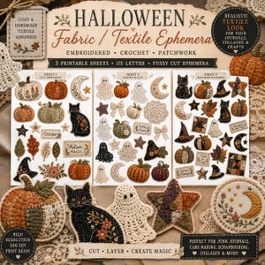 May include: Three printable sheets of Halloween fabric and textile ephemera featuring embroidered, crochet, and patchwork designs. The collection includes pumpkins, black cats, ghosts, stars, moons, and leaves, with text labels like October and Autumn Magic.