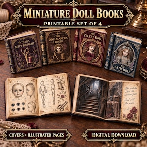 Könnte beinhalten: Ein Set aus vier Miniatur-Puppenbüchern mit den Titeln Stitches After Midnight, The Dollmaker's Ledger, The Velvet Doll und The Attic Doll. Zwei Bücher sind geöffnet und zeigen detaillierte Illustrationen von Puppenanatomie.
