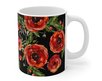 Beautiful Coffee Tea Black Mug, Watercolor Poppy Garden Mug, Unique Tea Mug, Ceramic Latte Mug Tea Mug perfect gift