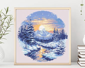 Winter Sunset Cross Stitch Pattern, Easy Embroidery (PDF Chart)