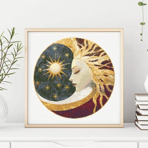 Celestial Sun and Moon cross stitch pattern, boho cross stitch pattern, mystical cross stitch pattern, Sun cross stitch pattern, pdf chart