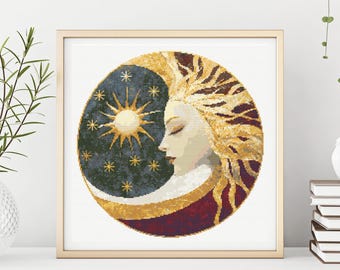 Celestial Sun and Moon cross stitch pattern, boho cross stitch pattern, mystical cross stitch pattern, Sun cross stitch pattern, pdf chart