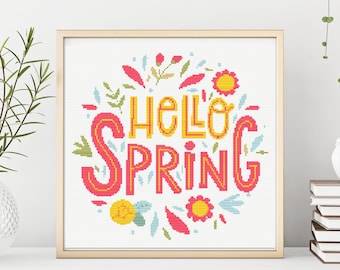Hello Spring Cross Stitch Pattern, Floral DIY (PDF Chart Pattern)