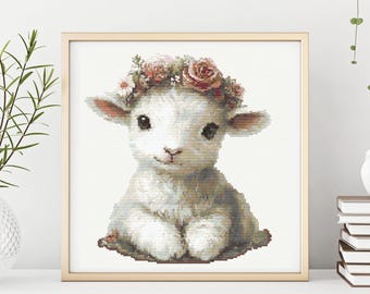 Lamb cross stitch pattern, cute Easter animal cross stitch pdf pattern, modern embroidery design, modern cross stitch pattern, DMC pallet