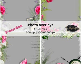 Modelli di album fotografici di peonie, pagine PNG (download digitale)