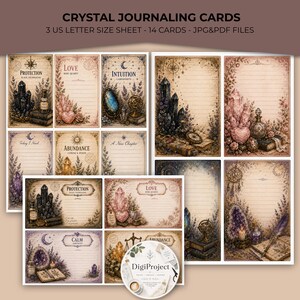 May include: A collection of printable journaling cards featuring vintage-style illustrations of crystals, books, and botanical elements. The cards include text labels such as Protection, Love, Intuition, Abundance, and Calm, arranged on US letter size sheets.