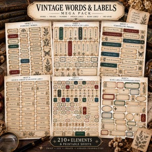 Puede incluir: Una colección de seis hojas imprimibles titulada Vintage Words & Labels Mega Pack, que contiene más de 210 elementos, incluyendo palabras cotidianas, frases narrativas, etiquetas de archivo, números, fechas y etiquetas en blanco con ilustraciones.