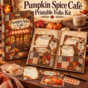 May include: A Pumpkin Spice Café printable folio kit featuring a decorative book-style folder with autumn-themed patchwork patterns, pockets, and various paper ephemera including tags, receipts, and labels with fall motifs and text.
