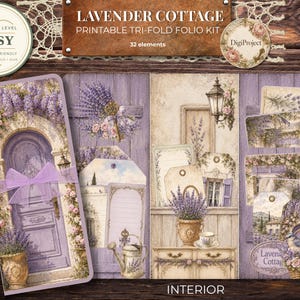 May include: A Lavender Cottage printable tri-fold folio kit featuring 32 elements. The design includes purple lavender, a wooden door, a watering can, and floral tags. The kit displays a soft color palette of lavender, cream, and brown tones.