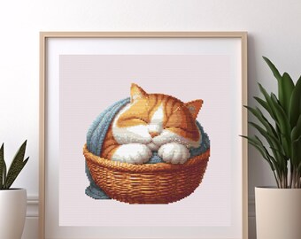 Sleeping Cat Cross Stitch Pattern, Easy DIY Embroidery (PDF Chart)
