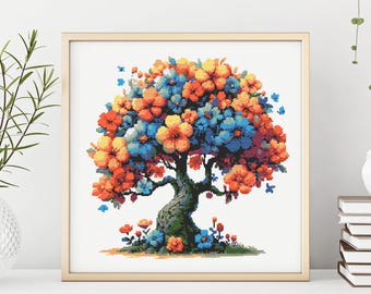 Floral Tree Cross Stitch Pattern, Modern Embroidery (PDF Pattern)