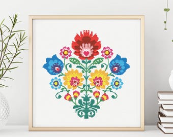 Folk art flowers traditional polish cross stitch pattern, boho cross stitch pattern, floral pattern design, cross stitch pattern, pdf chart