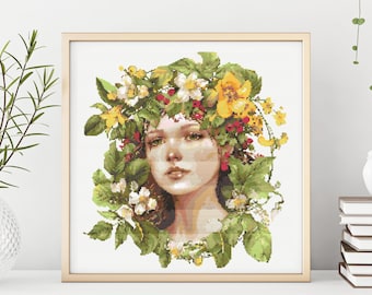 Schema per punto croce di una donna con corona di fiori, design boho primaverile (schema in PDF)