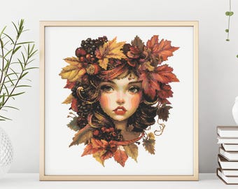 Schema punto croce ragazza autunnale, design autunnale boho (schema PDF)