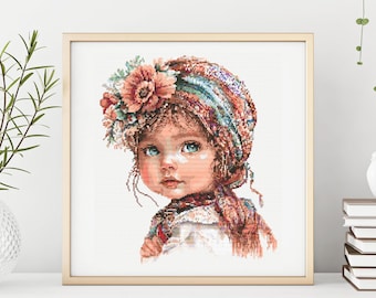 Little girl cross stitch pattern, boho cross stitch pattern, easy embroidery design, DIY cross stitch pattern,  pdf chart pattern