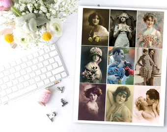 Lámina de collage vintage para mujeres y parejas: Tarjetas ATC imprimibles (PDF)