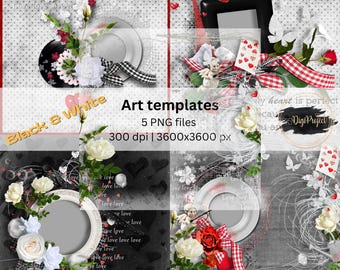 Modelli di album fotografici in bianco e nero, pagine PNG (download digitale)