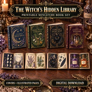 以下が含まれることがあります： The Witch's Hidden Libraryと題された4冊のミニチュアブックセット。イラスト入りの表紙と、月の満ち欠け、ハーブ、黒猫、魔法の薬瓶が描かれた開いたページが特徴です。テキストにはThe Book of Moon Spellsなどのタイトルが含まれています。