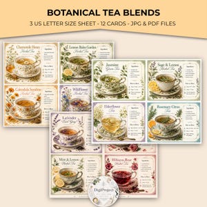 Może przedstawiać: Cyfrowa kolekcja kart z przepisami Botanical Tea Blends zawierająca 12 wzorów na 3 arkuszach formatu US letter. Każda karta przedstawia filiżankę herbaty, składniki oraz instrukcje parzenia dla różnych smaków, takich jak rumianek czy jaśmin.