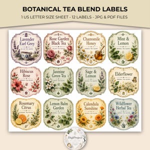 May include: A digital sheet of 12 botanical tea blend labels featuring ornate borders and illustrations of flowers, herbs, and fruits. Text includes Lavender Earl Grey, Rose Garden Black Tea, Chamomile Honey, Mint & Lemon, Hibiscus Rose, Jasmine Green Tea, Sage & Lemon, Elderflower, Rosemary Citrus, Lemon Balm Garden, Calendula Sunshine, and Wildflower Herbal Tea.