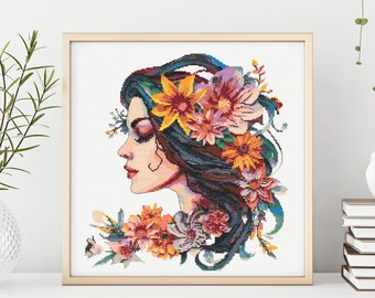 Schema punto croce donna con fiori, schema punto croce boho, schema disegno bambina, schema punto croce fai da te, schema grafico pdf