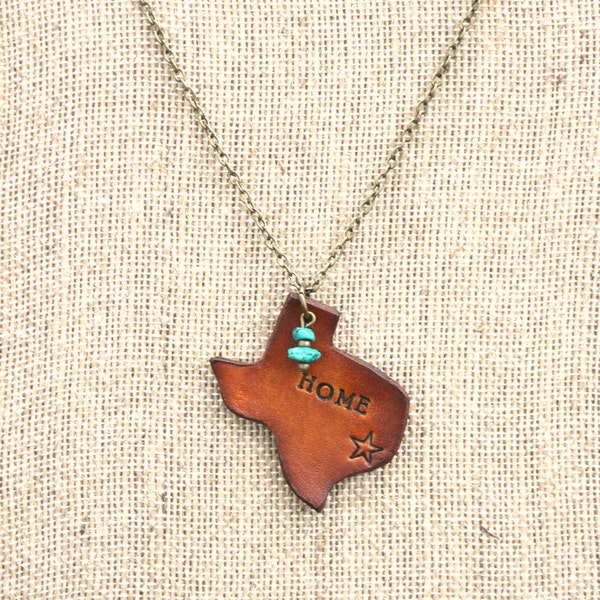 Leather "Home" Texas Necklace With American Turquoise, Southwestern, Western, Bohemian Handcrafted Womens and Girls Jewelry