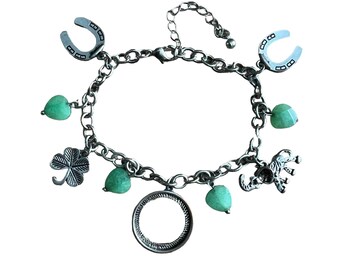 Vintage Luck Charm Bracelet Shamrock Clover Horseshoe Jadite Elephant  Condition: great overall  See photos for details please zoom in