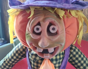 Vintage Halloween lrg Plush rubber face scarecrow pumpkin head Decoration Doll 36" Stuffins