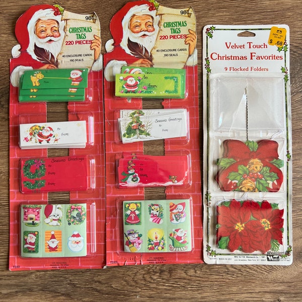 VTG Christmas Gift Present Tags & Seals w/ 6 Flocked folders RARE!.  Condition: in original packs, only a few used from each See photos for
