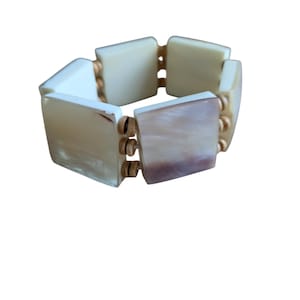 Vintage Mother Of Pearl Bracelet Chunky Stretch Square MOP Beaded Wood Spacers Condition: great overall, still stretchy