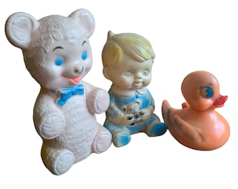 Vintage 50s/60s Sanitoy Rubber Squeak Bear Duck Baby Condition: the duck no longer squeak, but the bear and baby do! Some fading and scuffs