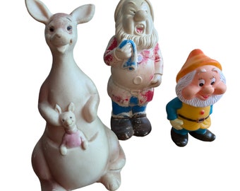 Vintage Rubber Squeaks Disney Dwarves Kanga Lot Condition needs additional cleaning, fading and color loss, Sneezy no longer squeaks