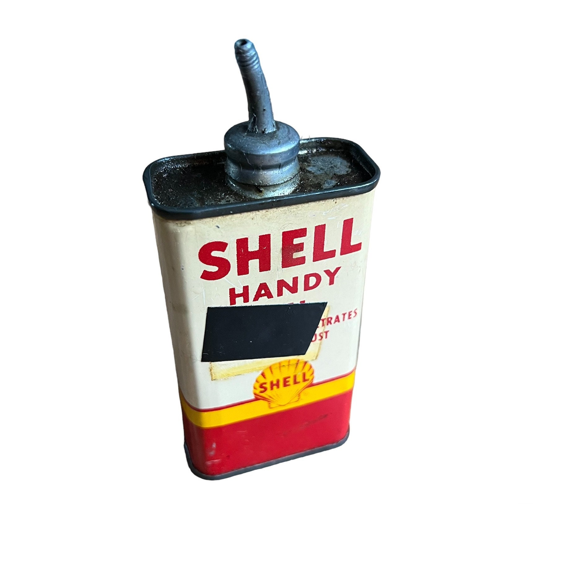 VTG SHELL HANDY Oil Oiler Can 4oz Lead Spout Partially Full Estate Find  Condition: Tape Over a Puncture, Honest W 