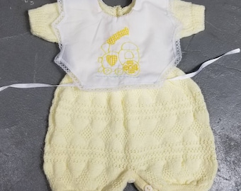 VTG Infant One Piece yellow Knit Outfit w/ Embroidered train Bib & Ribbon Belt 0-6 Easter Spring