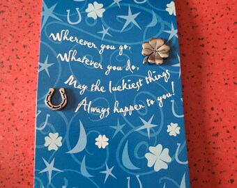 Vintage Hallmark Card Pin Lucky Clover Shamrock Horseshoe Irish St. Patricks