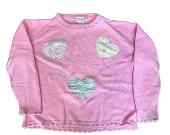 vtg 80s  pink sweater girls Hearts Bubblegum Fairy Kei KawaiiCondition: untreated stains on cuffs, seam separation on two hearts See photos