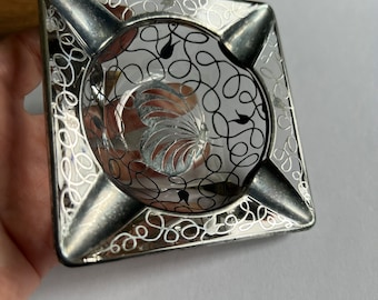 Antique Ashtray French Glass Sterling Butterfly Argent 980 France Saint Graal Condition: silver is lightly tarnished overall